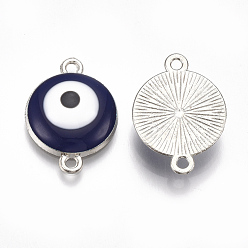 Midnight Blue Alloy Links connectors, with Enamel, Flat Round with Evil Eye, Platinum, Midnight Blue, 22x16x4.5mm, Hole: 1.5mm