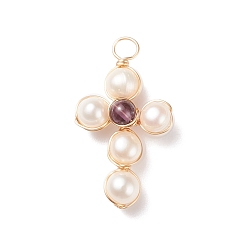 Amethyst Natural Amethyst & White Freshwater Pearl Pendants, with Real 18K Gold Plated Copper Wire Wrapped, Cross, 31.5x17.5x7mm, Hole: 3.1mm