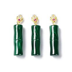 Malachite Natural Malachite Pendants, Column Charms, with Golden Plated 925 Sterling Rhinestone Clasps, 29x8mm, Hole: 2x4mm