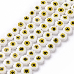Blanco Hechos a mano de cristal de murano mal de ojo planas hebras de perlas redondas, blanco, 8x3.2 mm, agujero: 1 mm, sobre 49 unidades / cadena, 14.56 pulgada