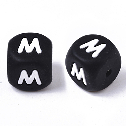 Letter M Food Grade Eco-Friendly Silicone Beads, Horizontal Hole, Chewing Beads For Teethers, DIY Nursing Necklaces Making, Cube, Black, Letter.M, 12x12x12mm, Hole: 2mm
