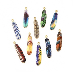 Mixed Color Rack Plating Alloy Pendants, Printed, Lead Free & Cadmium Free & Nickel Free, Feather Charm, Light Gold, Mixed Color, 36.5x8x1.5mm, Hole: 1.8mm