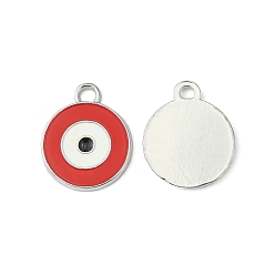 Red Zinc Alloy Enamel Pendants, Lead Free and Cadmium Free, Flat Round with Evil Eye, Platinum Metal Color, Red, 21x16x2mm, Hole: 2mm