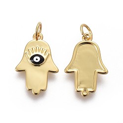 Real 18K Gold Plated Brass Enamel Pendants, Long-Lasting Plated, Hamsa Hand/Hand of Fatima /Hand of Miriam, with Eye, Real 18K Gold Plated, 19x12.5x2mm, Hole: 3mm