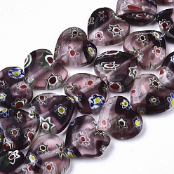 Purple Handmade Millefiori Lampwork Beads Strands, Heart, Purple, 11~12x12x4~5mm, Hole: 1mm, about 32~33pcs/strand, 12.72 inch~13.78 inch(32.3~35cm)