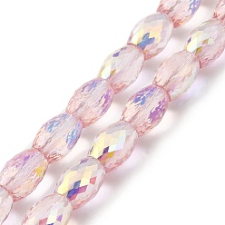 Pink Transparent Electroplate Glass Beads Strands, AB Color, Faceted, Oval, Pink, 11x8mm, Hole: 1.4mm, about 60pcs/strand, 27.17''(69cm)