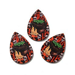 Red Single Face Printed Wood Big Pendants, Halloween Teardrop Charms, Red, 54x36.5x2.6mm, Hole: 2mm