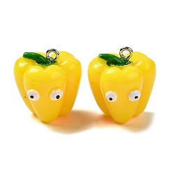Yellow Cartoon Opaque Resin Vegetable Pendants, Funny Eye Bell Pepper Charms with Platinum Plated Iron Loops, Yellow, 22x20.5x19mm, Hole: 2mm