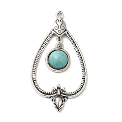 Antique Silver Tibetan Style Alloy Big Pendants, Southwest Style, with Synthetic Turquoise Cabochons, Teardop with Round, Antique Silver, 55x29.5x6mm, Hole: 2.3mm