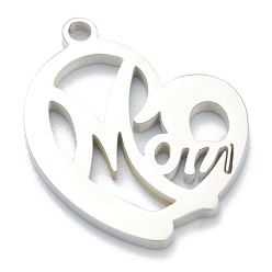 Stainless Steel Color 304 Stainless Steel Pendants, Heart with Word Mom, for Mother's Day, Stainless Steel Color, 18x17x1.5mm, Hole: 1.6mm