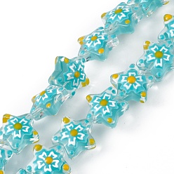Cyan Handmade Lampwork Beads Strands, with Enamel, Star with Sakura Pattern, Cyan, 13x13.5x12mm, Hole: 1mm, about 33pcs/strand, 14.72 inch(37.4cm)