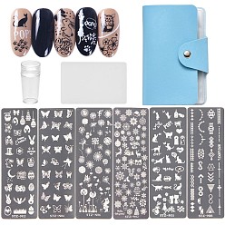 Stainless Steel Color Manicure Tool Sets, with Stainless Steel Nail Art Stamping Plates, Nail Image Templates, Silicone Nail Art Seal Stamp and Scraper Set, Storage Bags, Mixed Pattern, Stainless Steel Color, 9pcs/set