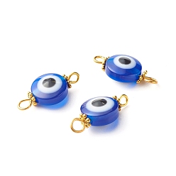 Blue Resin Beads Links Connectors, with Golden Iron Findings and Tibetan Style Alloy Daisy Spacer Beads, Flat Round with Evil Eye, Blue, 19x10x6mm, Hole: 2~3mm