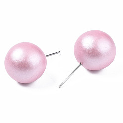 Pearl Pink Painted Round Schima Wood Earrings for Girl Women, Stud Earrings with 316 Surgical Stainless Steel Pins, Pearl Pink, 15mm, Pin: 0.7mm