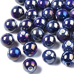 Prussian Blue Handmade Porcelain Round Beads, AB Color Plated, Prussian Blue, 9mm, Hole: 2mm
