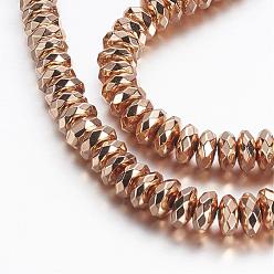 Rose Gold Plated Electroplate Non-magnetic Synthetic Hematite Beads Strands, Faceted, Rondelle, Light Rose Gold Plated, 7x3.3mm, Hole: 1mm, about 121pcs/strand, 15.7 inch