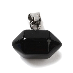 Piedra Negra Colgantes puntiagudos de piedra negra natural, encantos de balas facetadas, con ganchos a presión de hierro en tono platino, 12.5~13x15.5~17x9~10 mm, agujero: 7x3.5 mm