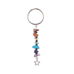 Star Natural Gemstone Chips Keychains, Alloy Charms Keychains with Iron Split Key Rings, Star, 8.3cm, Charm: 12x10x1mm