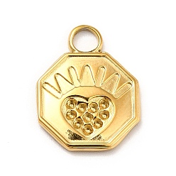 Real 18K Gold Plated Ion Plating(IP) Ion Plating(IP) 304 Stainless Steel Pendant Rhinestone Settings, Hexagon with Heart, Real 18K Gold Plated, Fit for 1mm Rhinestone, 16.5x12.5x2mm, Hole: 3mm