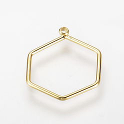 Real 18K Gold Plated Brass Pendants, Nickel Free, Real 18K Gold Plated, Hexagon, 18x14x1mm, Hole: 1mm