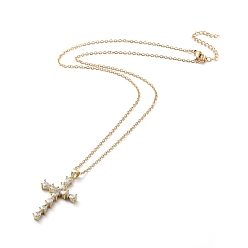 Golden 304 Stainless Steel Chain Necklaces, with Brass Cubic Zirconia Pendants, Cross, Golden, 17.9 inch(45.7cm)