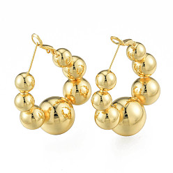 Настоящее золото 18K Латунные круглые серьги-кольца с шариками для женщин, без никеля , реальный 18 k позолоченный, 42x37x16 мм, штифты : 0.7 мм
