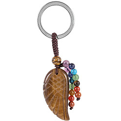 Tiger Eye 7 Chakra Natural Tiger Eye Wing Pendant Keychain, with Platinum Tone Alloy Key Rings and Gemstone Round Beads, 7.6~8cm