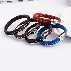 Mixed Color Simple Style Leather Cord Bracelets, with 304 Stainless Steel Magnetic Clasps, Mixed Color, 210x11x6mm