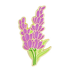 Fleur Broches en alliage thème printemps, épinglette fleur en émail, pour les vêtements de sac à dos, or, motif lavande, 30x14mm