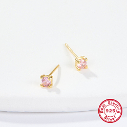 Pink Golden Sterling Silver Micro Pave Cubic Zirconia Stud Earring, Square, Pink, 4x4mm
