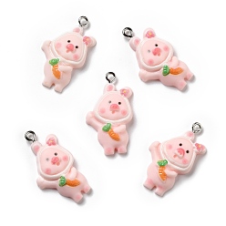 Pink Opaque Resin Pendants, with Platinum Tone Iron Loops, Pig with Carrot, Pink, 31x16.5x6mm, Hole: 2mm