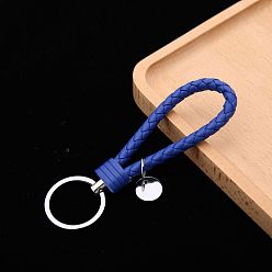 Royal Blue PU Leather Knitting Keychains, Wristlet Keychains, with Platinum Tone Plated Alloy Key Rings, Royal Blue, 12.5x3.2cm