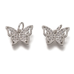 Platinum Brass Micro Pave Clear Cubic Zirconia Charms, Cadmium Free & Lead Free, Long-Lasting Plated, Butterfly, Platinum, 9x13x2mm, Hole: 3mm