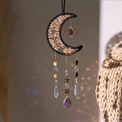 Tiger Eye Moon Natural Tiger Eye Chips & Glass Suncatchers, Hanging Pendant Decorations with Golden Metal Findings, 360mm