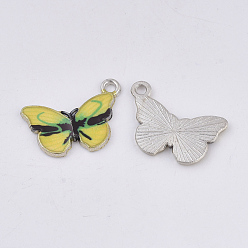 Yellow Printed Alloy Pendants, with Enamel, Butterfly, Platinum, Yellow, 13.5x20x2mm, Hole: 1.6mm