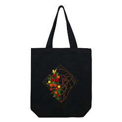Colorful DIY Flower & Lion Pattern Black Canvas Tote Bag Embroidery Kit, including Embroidery Needles & Thread, Cotton Fabric, Plastic Embroidery Hoop, Colorful, 390x340x100mm