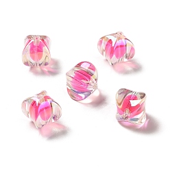 Rose Foncé Perles acryliques irisées arc-en-ciel à placage uv bicolore, rectangle, rose foncé, 15~15.5x14x14mm, Trou: 2.7mm