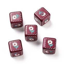 Turquoise Perles acryliques imprimés opaques, cube avec motif de fleurs, turquoise, 13.5x13.5x13.5mm, Trou: 3.8mm