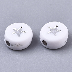 Silver Plated Opaque Acrylic Beads, Flat Round with Star, White, Silver Plated, 7x4mm, Hole: 1.5mm, about 3600pcs/500g