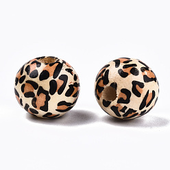 Peru Printed Natural Wooden Beads, Round with Leopard Print Pattern, Peru, 13x12mm, Hole: 3mm