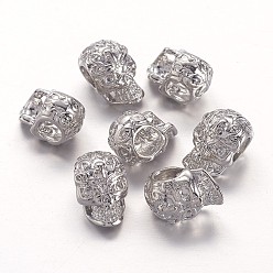 Platine Perles de crâne en laiton, 3-trou, sans nickel, platine, 12x8x8mm, Trou: 4mm