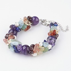 Coloré Bracelets de chakra pierres précieuses perles, avec fermoir pince de homard, platine, colorées, 7-1/2 pouces(192mm)x1/2 pouces~5/8 pouces(12~16mm)