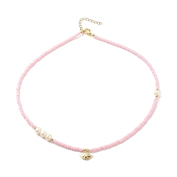 Pink Brass Evil Eye Pendant Necklace with Cubic Zirconia, Glass Seed & Natural Pearl Beaded Necklace for Women, Pink, 16.85 inch(42.8cm)