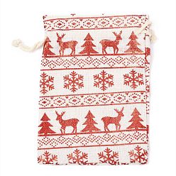 Snowflake Christmas Theme Cotton Fabric Cloth Bag, Drawstring Bags, for Christmas Party Snack Gift Ornaments, Christmas Themed Pattern, 14x10cm