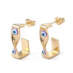 Blue Violet Brass Enamel Evil Eye Stud Earrings, with Ear Nuts, Real 18K Gold Plated Twist Earrings for Women Girls, Blue Violet, 24x12mm, Pin: 1mm