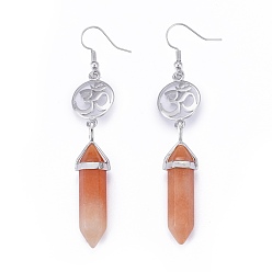 Pink Aventurine Pointed Bullet Natural Pink Aventurine Dangle Earrings, with Brass Earring Hooks and Flat Round with Aum/Om Symbol Links, Yoga Theme, Platinum, 78mm, Pin: 0.7mm