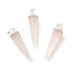 Argent Naturelle quartz rose a pendentifs, breloques coniques à facettes, avec les accessoires en laiton, argenterie, 34x8.5x8mm, Trou: 6.5x4mm