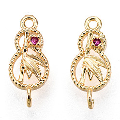 Real 18K Gold Plated Brass Connector Charms, with Cerise Glass, Peanut Links with Leaf, Real 18K Gold Plated, 15x6.5x2.5mm, Hole: 1mm