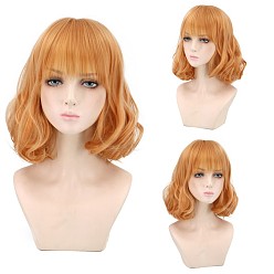 Orange Cosplay Party Wigs, Synthetic Wigs, Heat Resistant High Temperature Fiber, Short Wavy Curly Wigs with Bangs for Women, Orange, 13.7 inch(35cm)