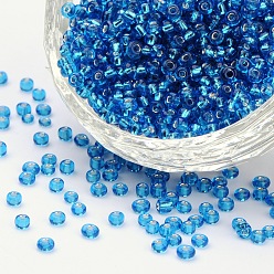 AceroAzul 12/0 perlas de cristal de la semilla, plata forrada agujero redondo, rondo, acero azul, 12/0, 2 mm, agujero: 1 mm, Sobre 3333 unidades / 50 g, 50 g / bolsa, 18bolsas/2libras